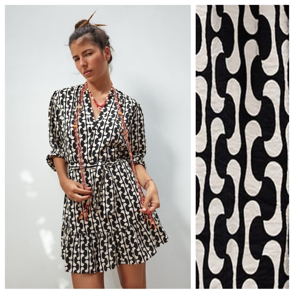 🌹NWT. Zara Black/Ecru Printed Mini Dress. Size S.